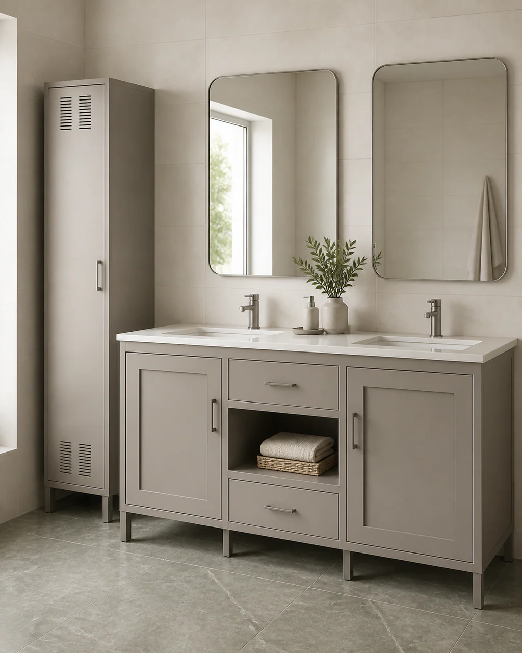 Clay grey powder coated aluminum double vanity on slim legs with framed doors and central open storage