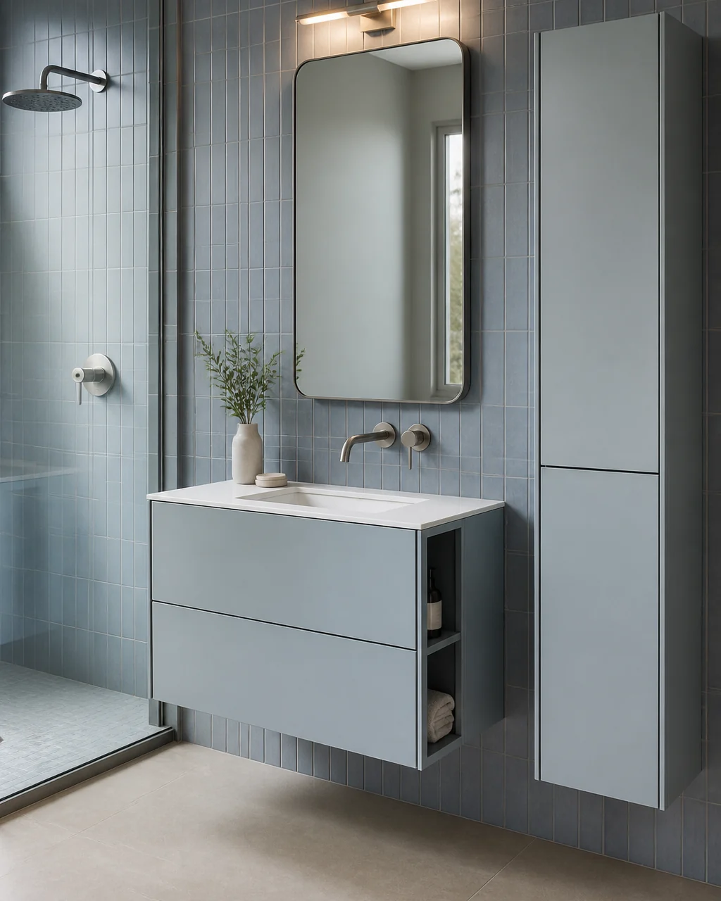 Mist blue powder coated aluminum single bathroom vanity with open side storage and a matching tall cabinet