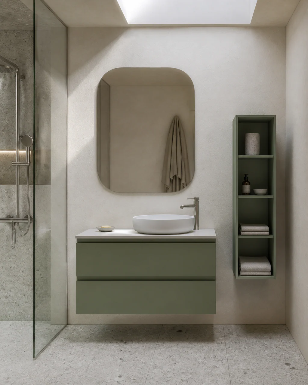 Muted sage powder coated aluminum floating vanity with two drawers and a separate open shelf tower