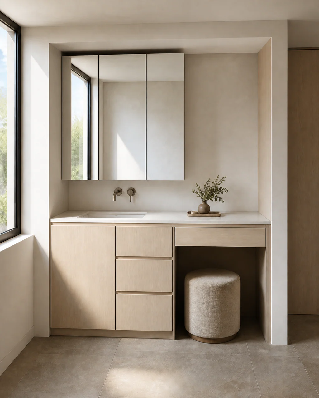 Bleached ash built in bathroom vanity with a single basin cabinet and seated grooming niche