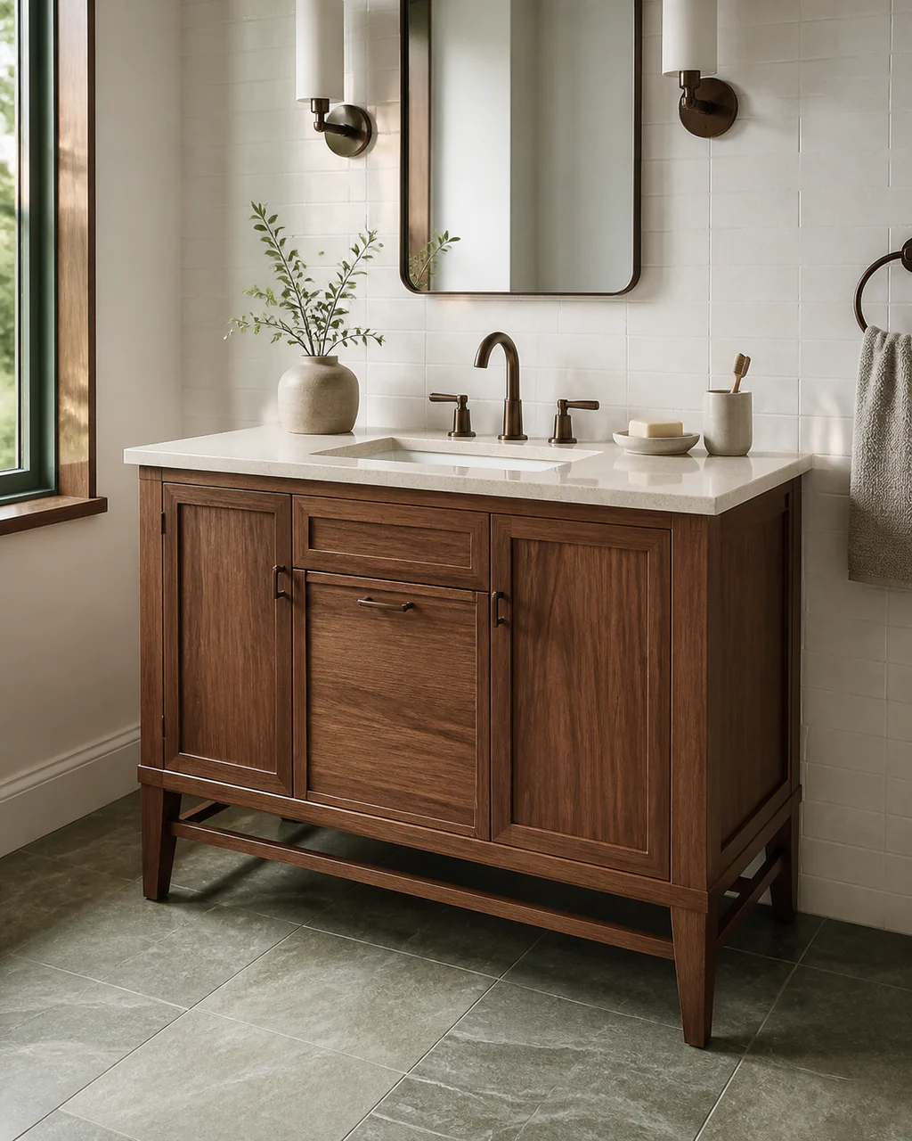 Medium walnut furniture style bathroom vanity with framed doors and tapered timber legs