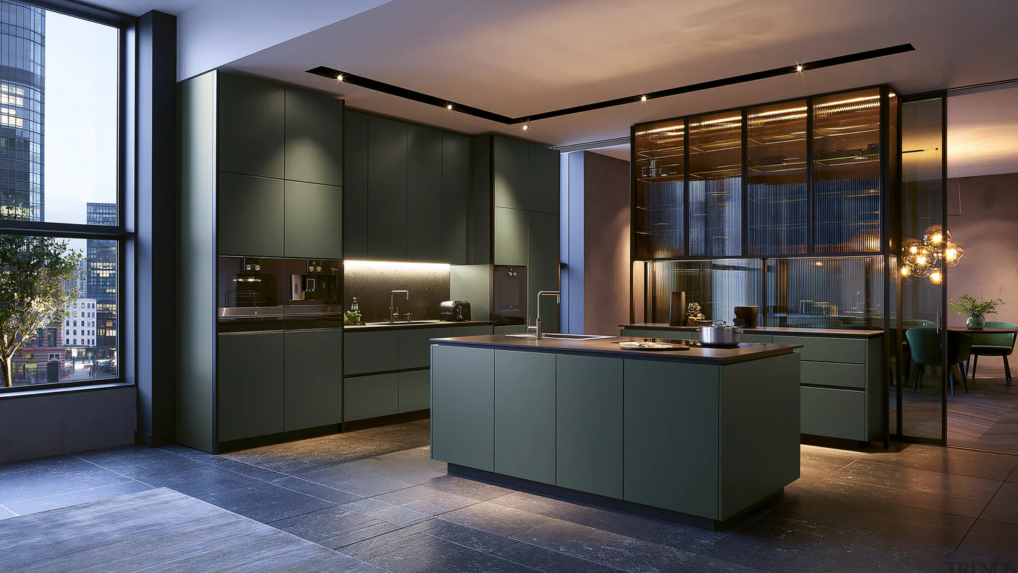 A deep olive aluminum urban kitchen, shown as a wide room view