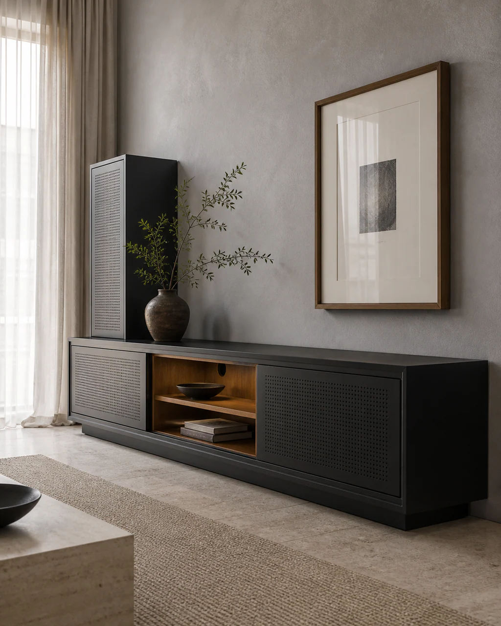Off black aluminum media credenza with perforated sliding panels and a timber lined open niche