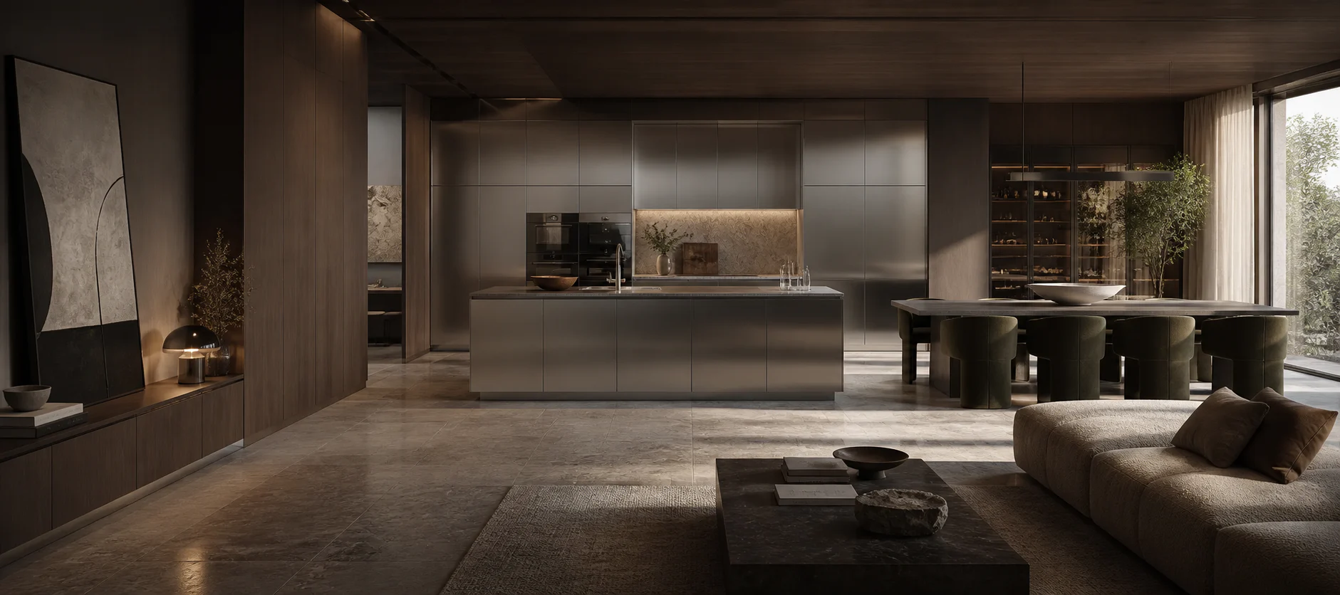 Concept visualization of a stainless steel kitchen and coordinated living interior
