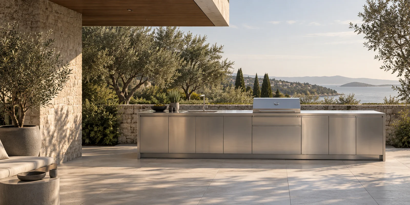 Outdoor kitchen design concept with brushed stainless steel cabinetry on a sheltered garden terrace