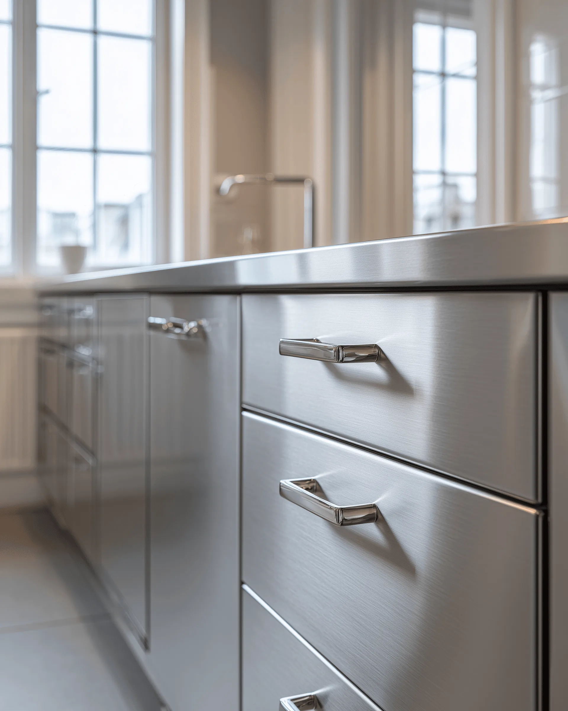 Stainless steel kitchen cabinetry composed around a contemporary interior