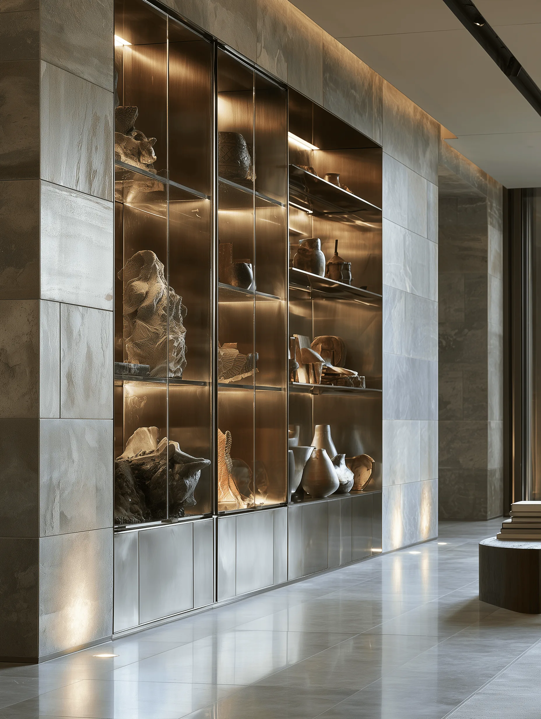 Stainless steel display cabinetry with glass and integrated lighting