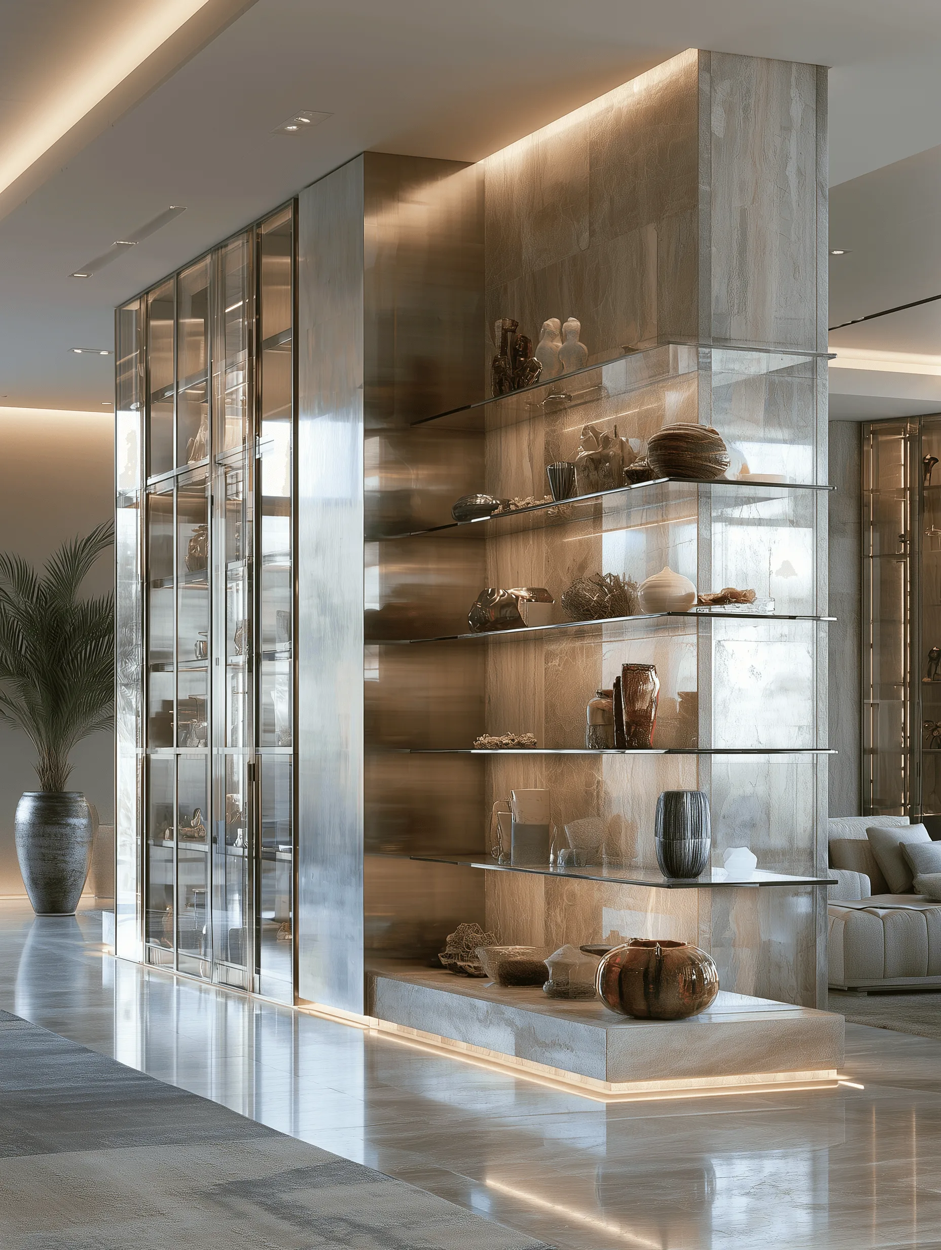 Stainless steel display cabinet with illuminated shelving