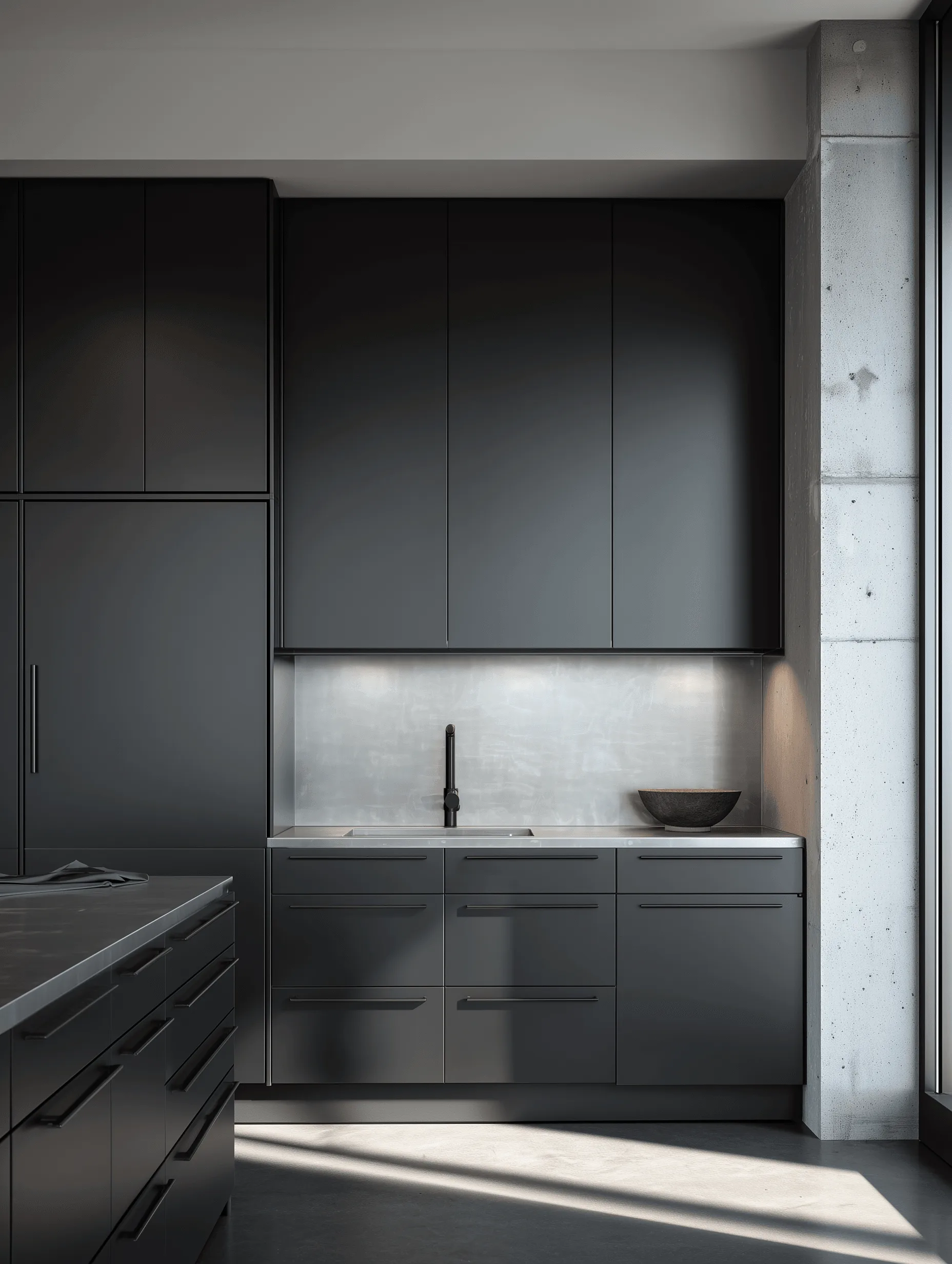 Dark stainless steel kitchen cabinetry