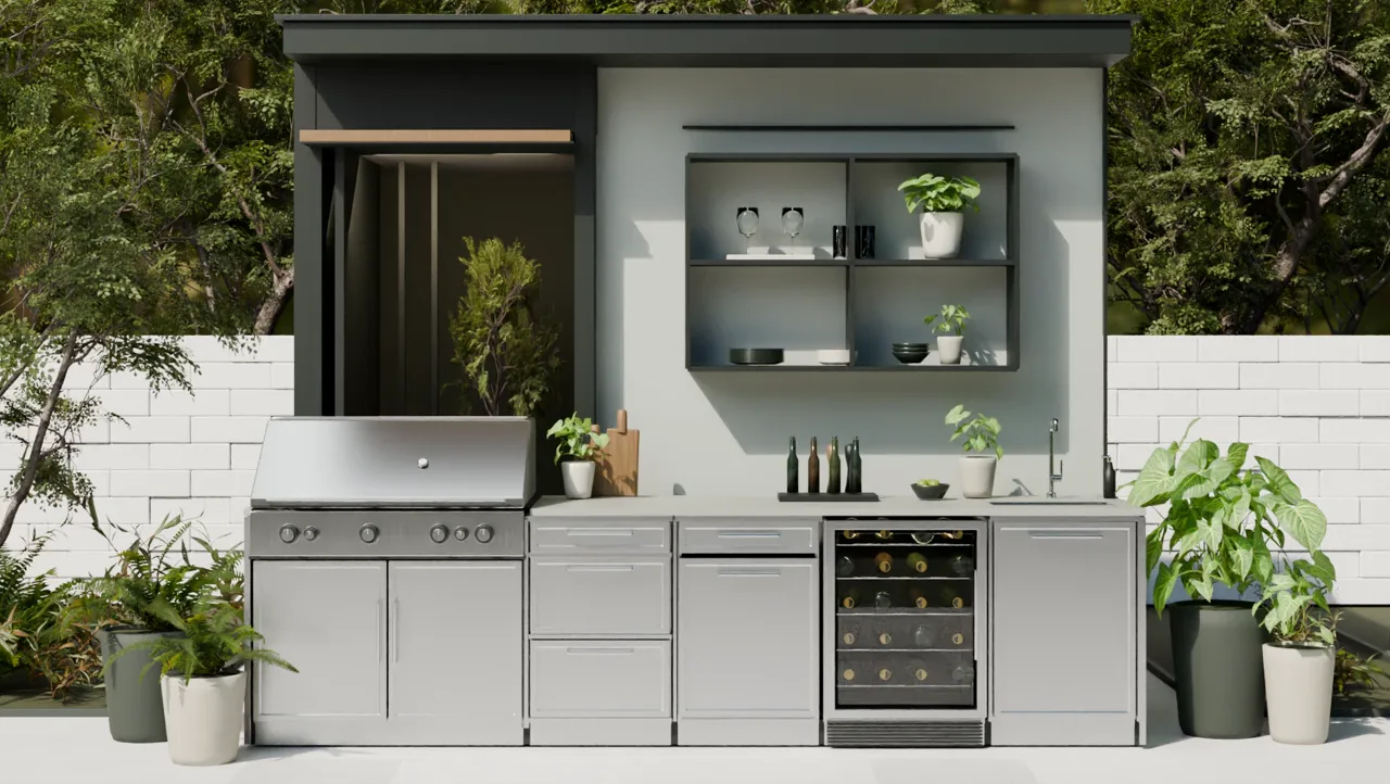 3D visualization of an assembled outdoor kitchen in daylight